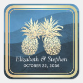 Chic Faux Gold Pineapple Couple Blue Wave Wedding Vierkante Sticker (Voorkant)