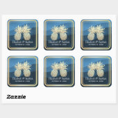 Chic Faux Gold Pineapple Couple Blue Wave Wedding Vierkante Sticker (Vel)