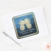 Chic Faux Gold Pineapple Couple Blue Wave Wedding Vierkante Sticker (Envelop)