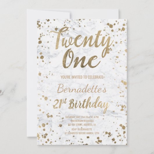 Chic Faux goud confetti wit marmer 21e Verjaardag Kaart (Voorkant)