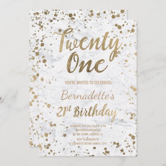 Chic Faux goud confetti wit marmer 21e Verjaardag Kaart (Voorkant / Achterkant)