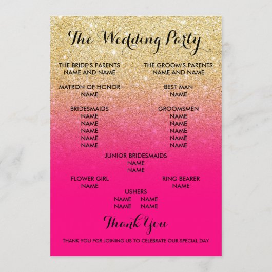 Chic faux goud glitter hete roze bruiloft programm programmakaart (Achterkant)