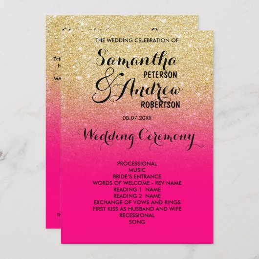Chic faux goud glitter hete roze bruiloft programm programmakaart (Voorkant / Achterkant)