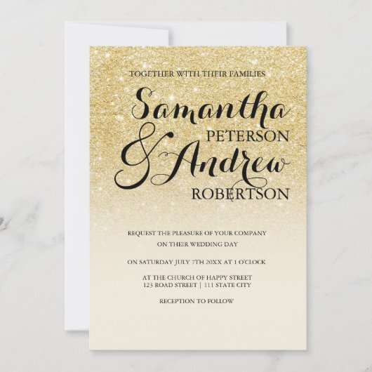 Chic faux goud glitter ivoor off witte bruiloft kaart (Voorkant)