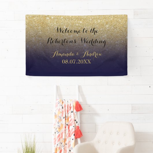 Chic faux goud glitter marine blauw bruiloft spandoek (Insitu)