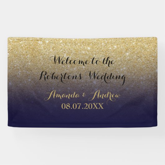 Chic faux goud glitter marine blauw bruiloft spandoek (Horizontaal)