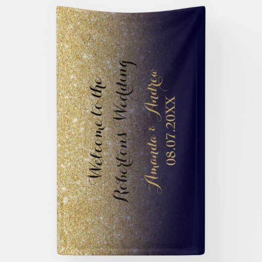 Chic faux goud glitter marine blauw bruiloft spandoek (Verticaal)