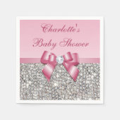 Chic Faux Pink Bow Silver Sequins Baby shower Servetten (Voorkant)