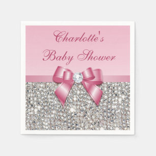 Chic Faux Pink Bow Silver Sequins Baby shower Servetten