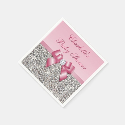 Chic Faux Pink Bow Silver Sequins Baby shower Servetten (Hoek)