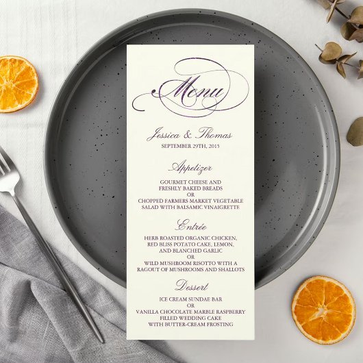 Chic Faux Plum Folie Wedding Menu Sjabloon - ivoor