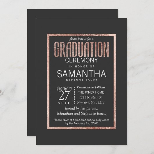 Chic Faux Roos Gold Afstuderen Uitnodiging (Voorkant / Achterkant)