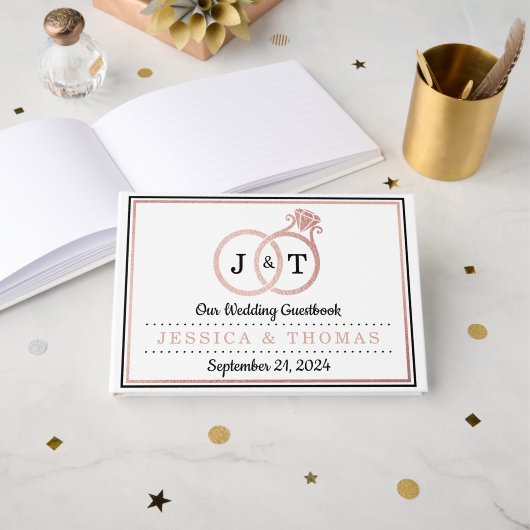 Chic Faux Roos Gold Foil Monogram Weddenschappen Gastenboek (Voorkant open)