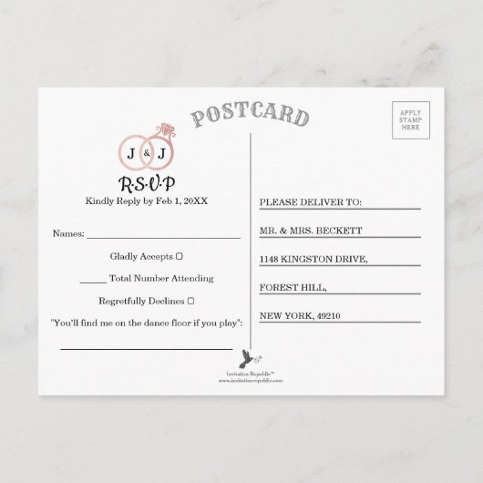 Chic Faux Roos Gold Foil Monogram Weddenschappen Uitnodiging Briefkaart (Achterkant)