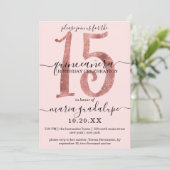 Chic Faux Roos Gouden Glitter Blush Roze Quinceañe Kaart (Staand voorkant)