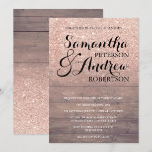 Chic faux roos gouden glitter rustieke houten brui kaart