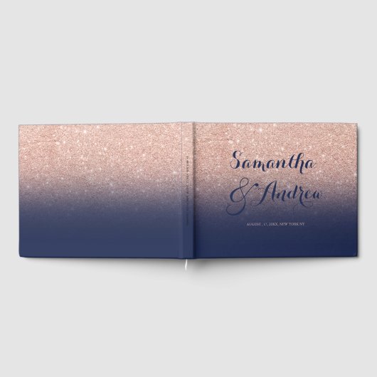 Chic faux roos goudglitter marvy blue bruiloft gastenboek (Volledig)