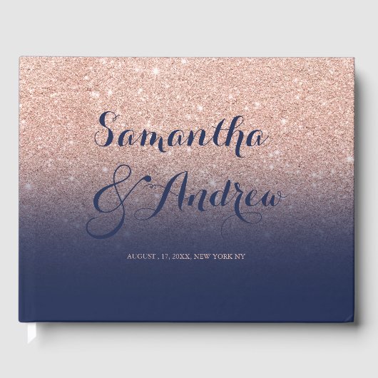 Chic faux roos goudglitter marvy blue bruiloft gastenboek (Voorkant)
