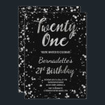 Chic faux Silver confetti splatters 21st Birthday Kaart<br><div class="desc">Faux Silver confetti splatters 21st Birthday A modern 21st Birthday party met een moderne, originele en eenvoudige faux zilverfolie-uitnodiging met roos gouden confetti splatters en handgeschreven stijl borsteltypografie op een volledig aanpasbare zwarte achtergrond. . Als u een gewijzigde en aangepaste tekst nodig hebt, aarzel dan niet om contact met mij...</div>