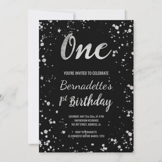 Chic faux Silver confetti splatters first Birthday Kaart (Voorkant)