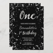 Chic faux Silver confetti splatters first Birthday Kaart (Voorkant / Achterkant)