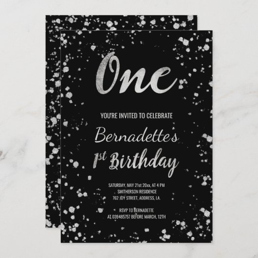Chic faux Silver confetti splatters first Birthday Kaart (Voorkant / Achterkant)