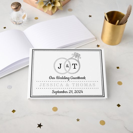 Chic Faux Silver Foil Monogram Weddenschappen Gastenboek (Voorkant open)
