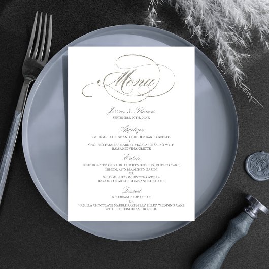 Chic Faux Silver Foil Wedding Menu Sjabloon