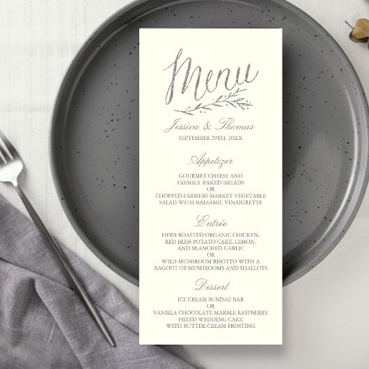 Chic Faux Silver Foil Wedding Menu Sjabloon - ivoo