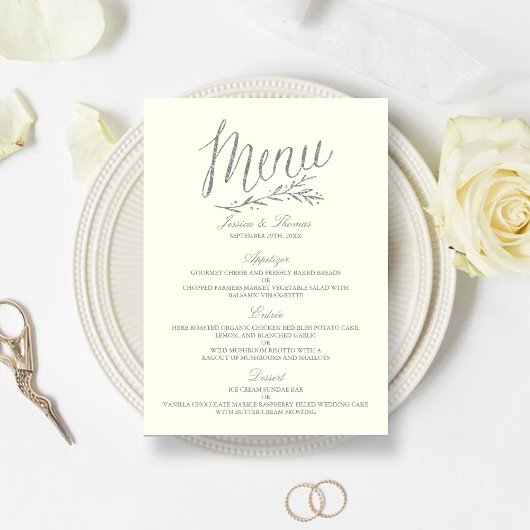 Chic Faux Silver Foil Wedding Menu Sjabloon - ivoo