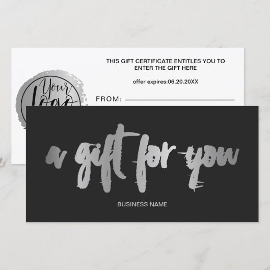 Chic faux Silver folie grijs logo gift certificaat (Voorkant / Achterkant)