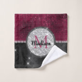 Chic faux Silver Glitter Burgundy Black monogram Bad Handdoek (Wasdoekje)