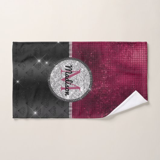Chic faux Silver Glitter Burgundy Black monogram Bad Handdoek (Handdoek)