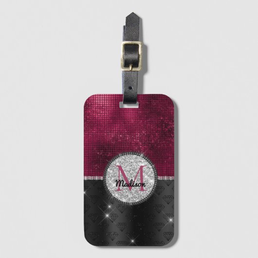 Chic faux Silver Glitter Burgundy Black monogram Bagagelabel (Voorkant (verticaal))