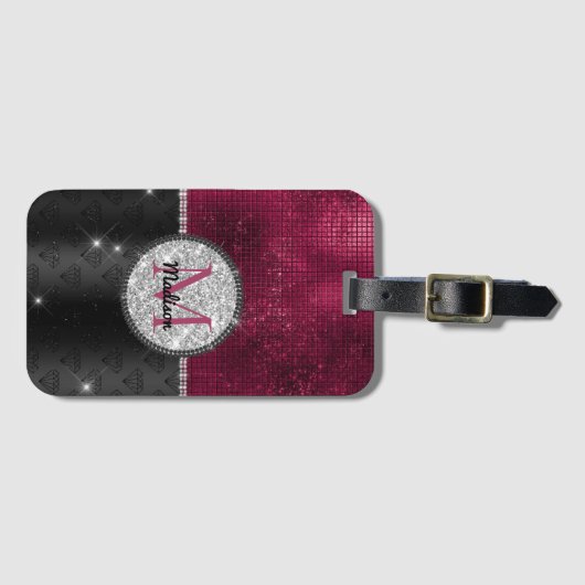 Chic faux Silver Glitter Burgundy Black monogram Bagagelabel (Voorkant (horizontaal))