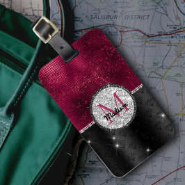 Chic faux Silver Glitter Burgundy Black monogram Bagagelabel