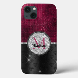 Chic faux Silver Glitter Burgundy Black monogram Case-Mate iPhone Case