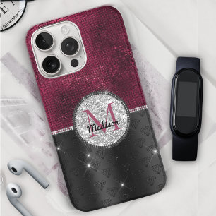 Chic faux Silver Glitter Burgundy Black monogram iPhone 16 Pro Hoesje