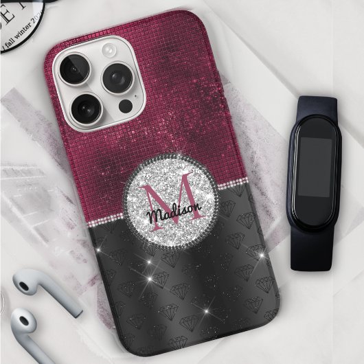 Chic faux Silver Glitter Burgundy Black monogram Case-Mate iPhone Case