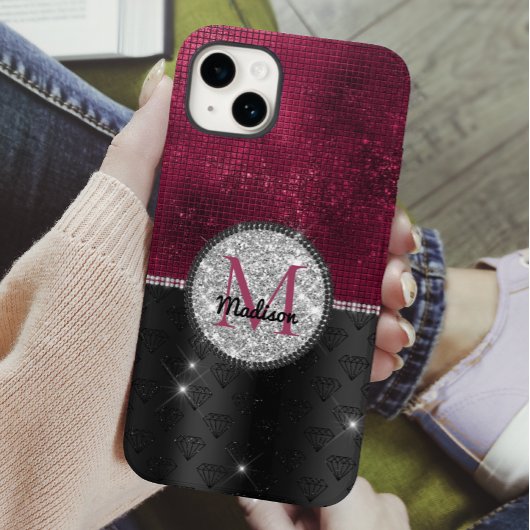 Chic faux Silver Glitter Burgundy Black monogram Case-Mate iPhone Case