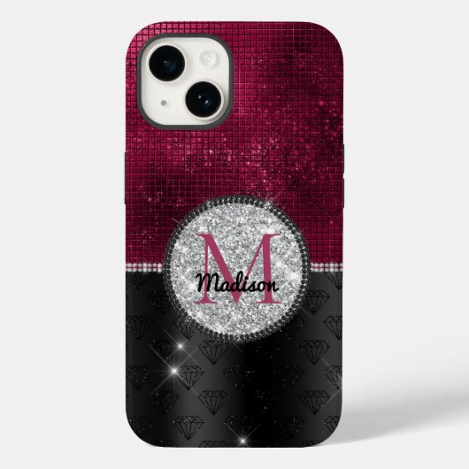 Chic faux Silver Glitter Burgundy Black monogram Case-Mate iPhone Case (Achterkant)