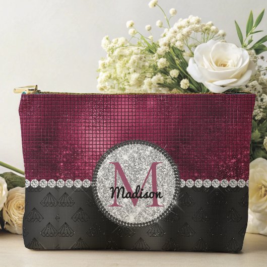 Chic faux Silver Glitter Burgundy Black monogram Etui