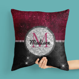 Chic faux Silver Glitter Burgundy Black monogram Kussen