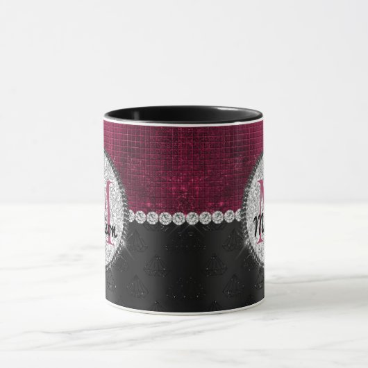 Chic faux Silver Glitter Burgundy Black monogram Mok (Midden)