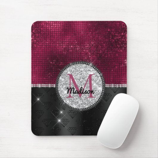 Chic faux Silver Glitter Burgundy Black monogram Muismat (Met muis)