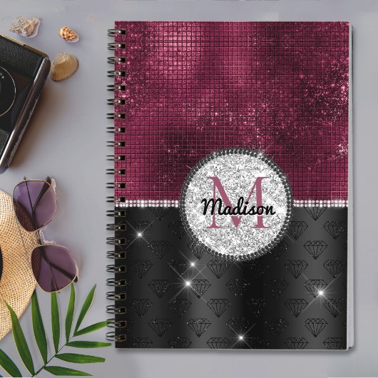 Chic faux Silver Glitter Burgundy Black monogram Notitieboek