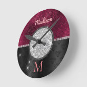 Chic faux Silver Glitter Burgundy Black monogram Ronde Klok (Hoek)