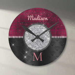 Chic faux Silver Glitter Burgundy Black monogram Ronde Klok