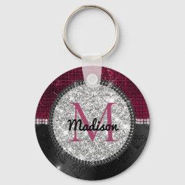 Chic faux Silver Glitter Burgundy Black monogram Sleutelhanger
