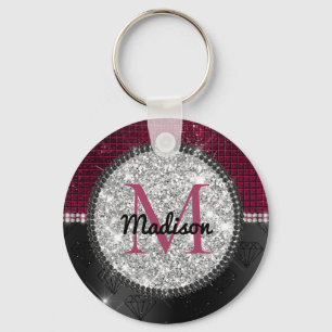 Chic faux Silver Glitter Burgundy Black monogram Sleutelhanger